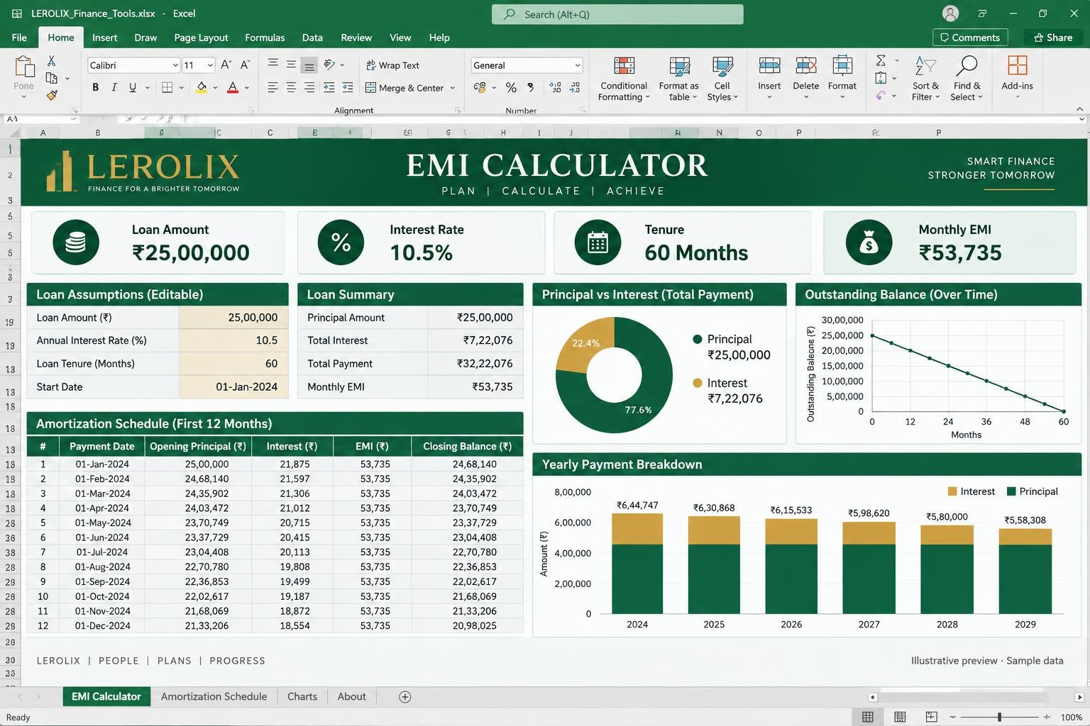 Illustrative EMI Calculator Excel dashboard with sample data